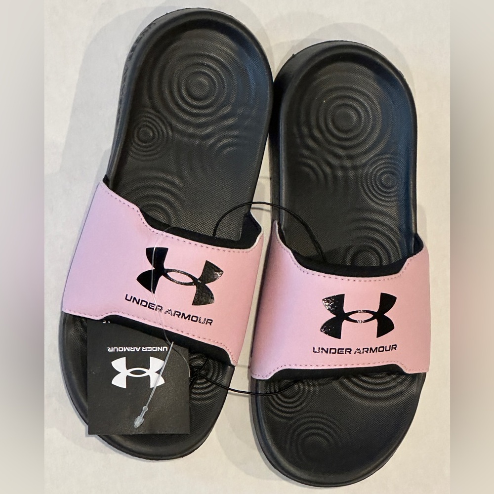 Under Armour Girls Pink Black Classic Slip On Slides Toddler 12K | Youth 2Y NEW
